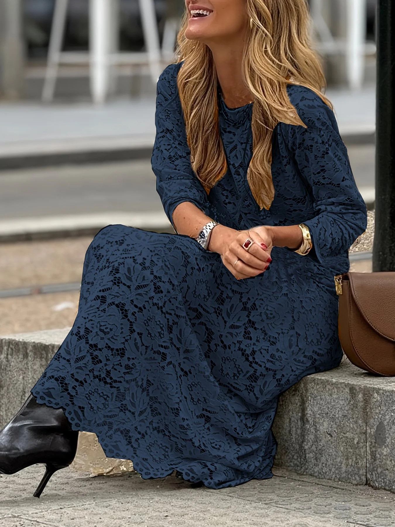 Damen Maxikleid Elegant mit Langarm und Strukturmuster – Perfekt für Alltag und besondere Anlässe - Image 3