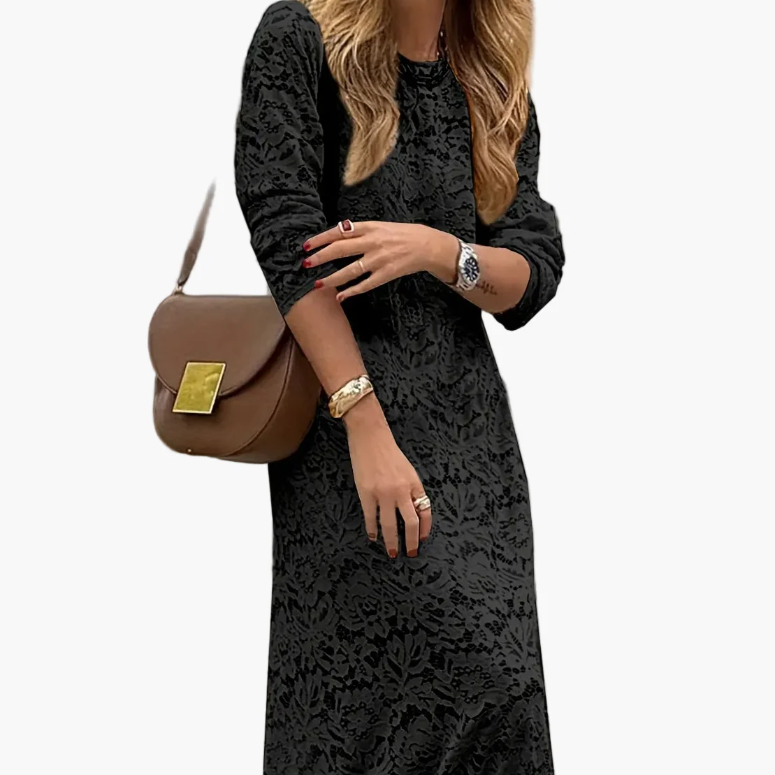 Damen Maxikleid Elegant mit Langarm und Strukturmuster – Perfekt für Alltag und besondere Anlässe - Image 7