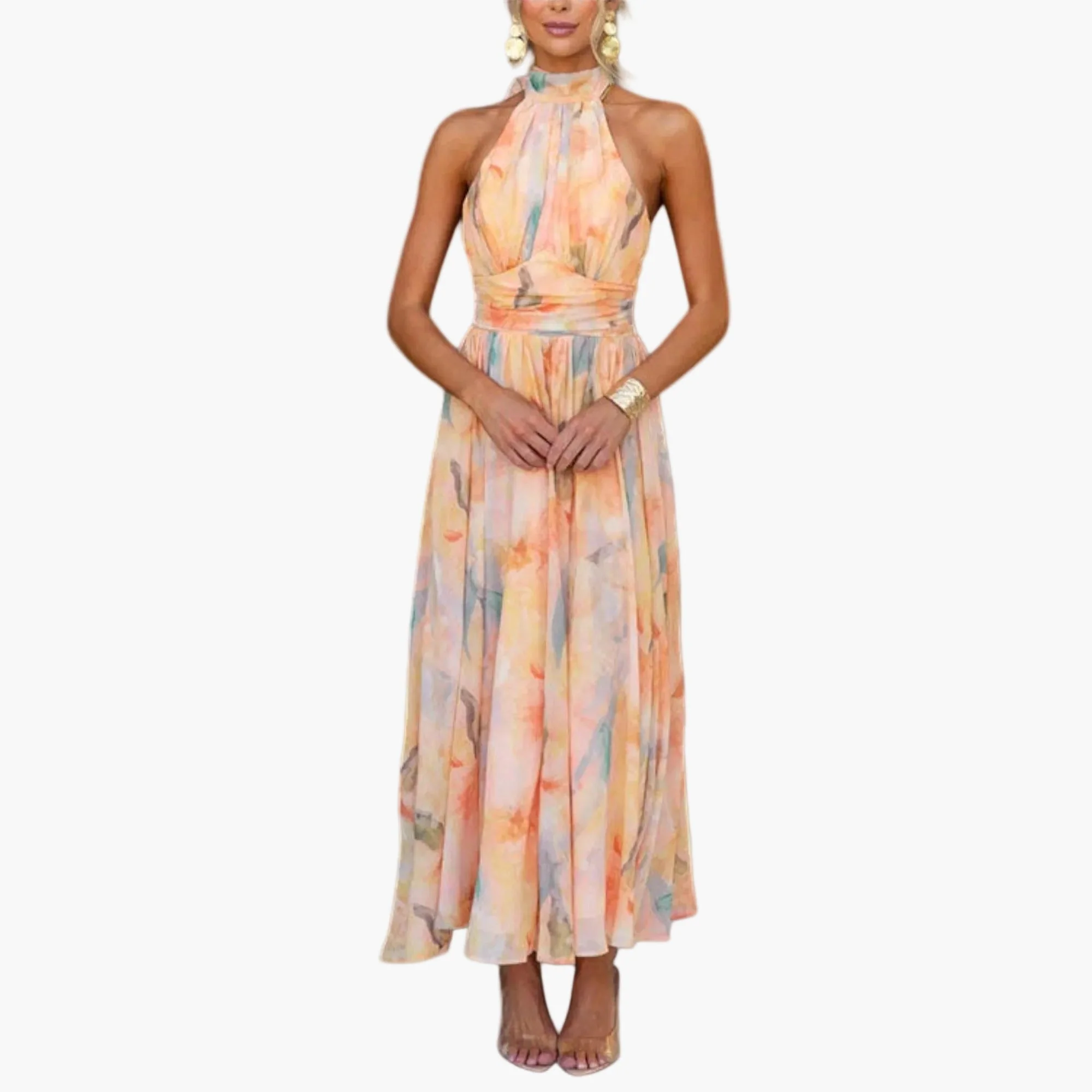 Damen Maxikleid Elegant Wasserfarben-Design für festliche Anlässe und Sommerpartys