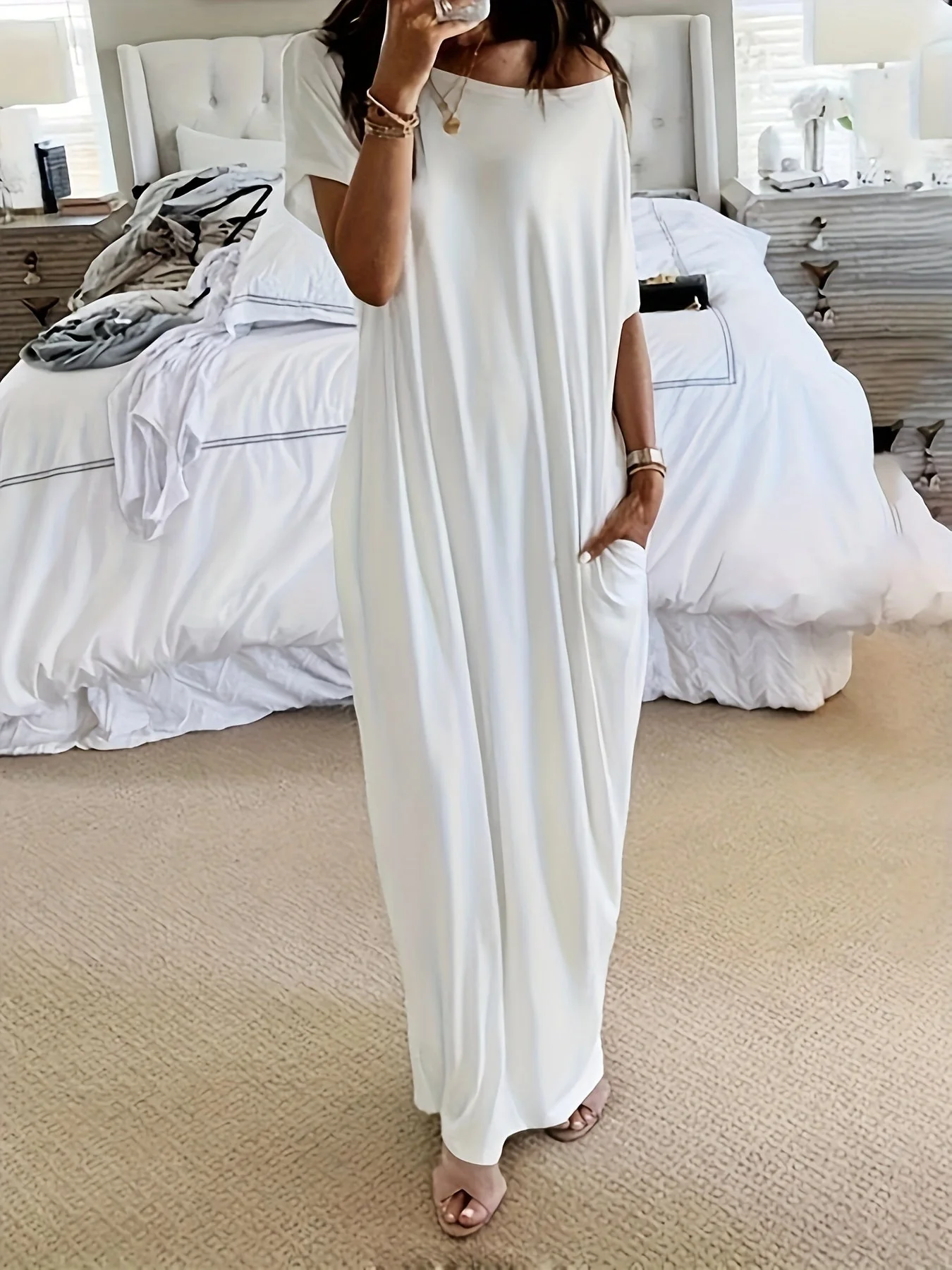 Damen Maxikleid Locker Lässig Sommer Freizeitkleid mit kurzen Ärmeln