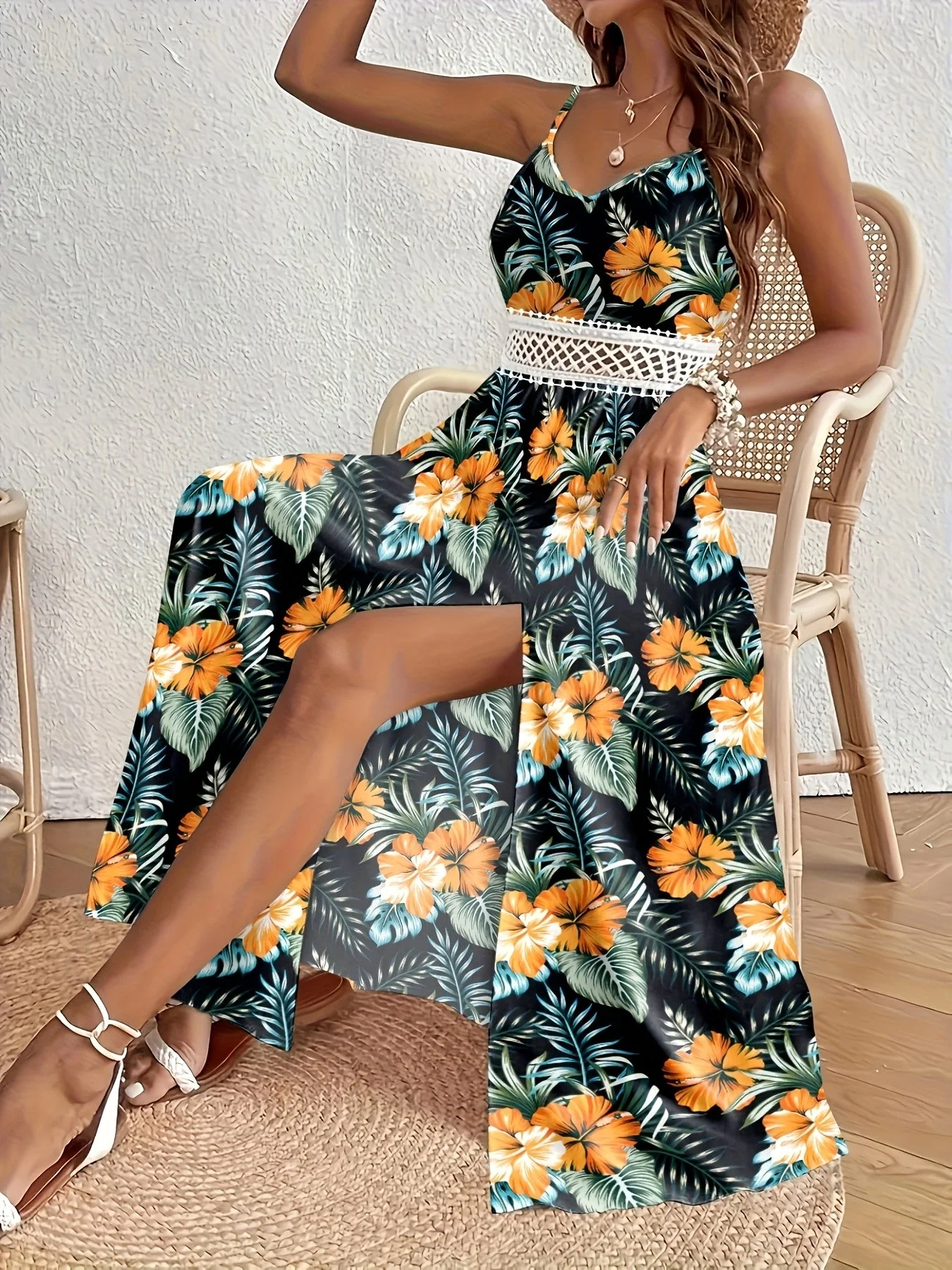 Damen Maxikleid mit Tropen-Print und Spitzendetail – Perfekt für Urlaub & Sommer - Image 4