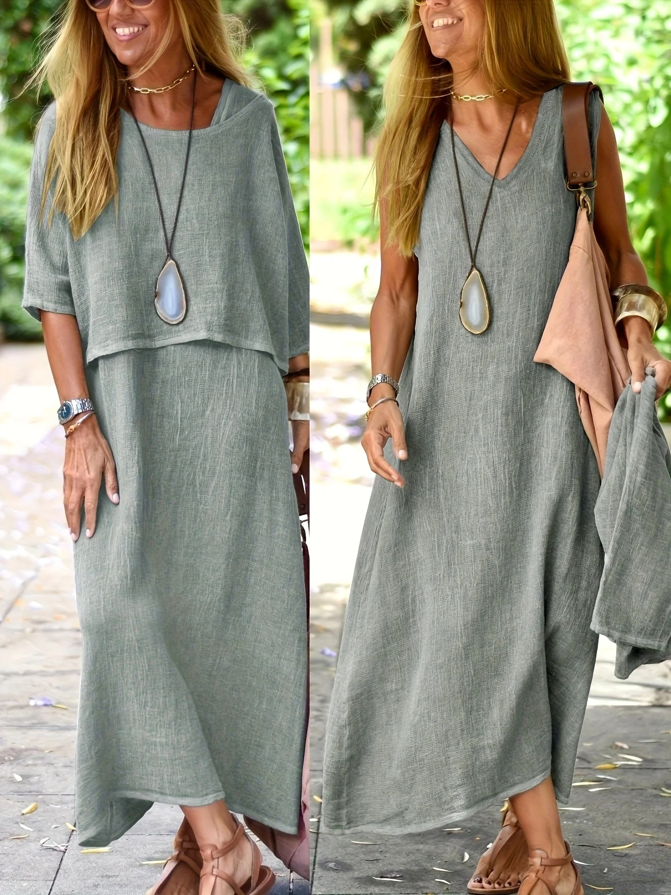 Damen Maxikleid Zweiteiler Set Boho Stil Lässig Sommerkleid für Alltag und Urlaub