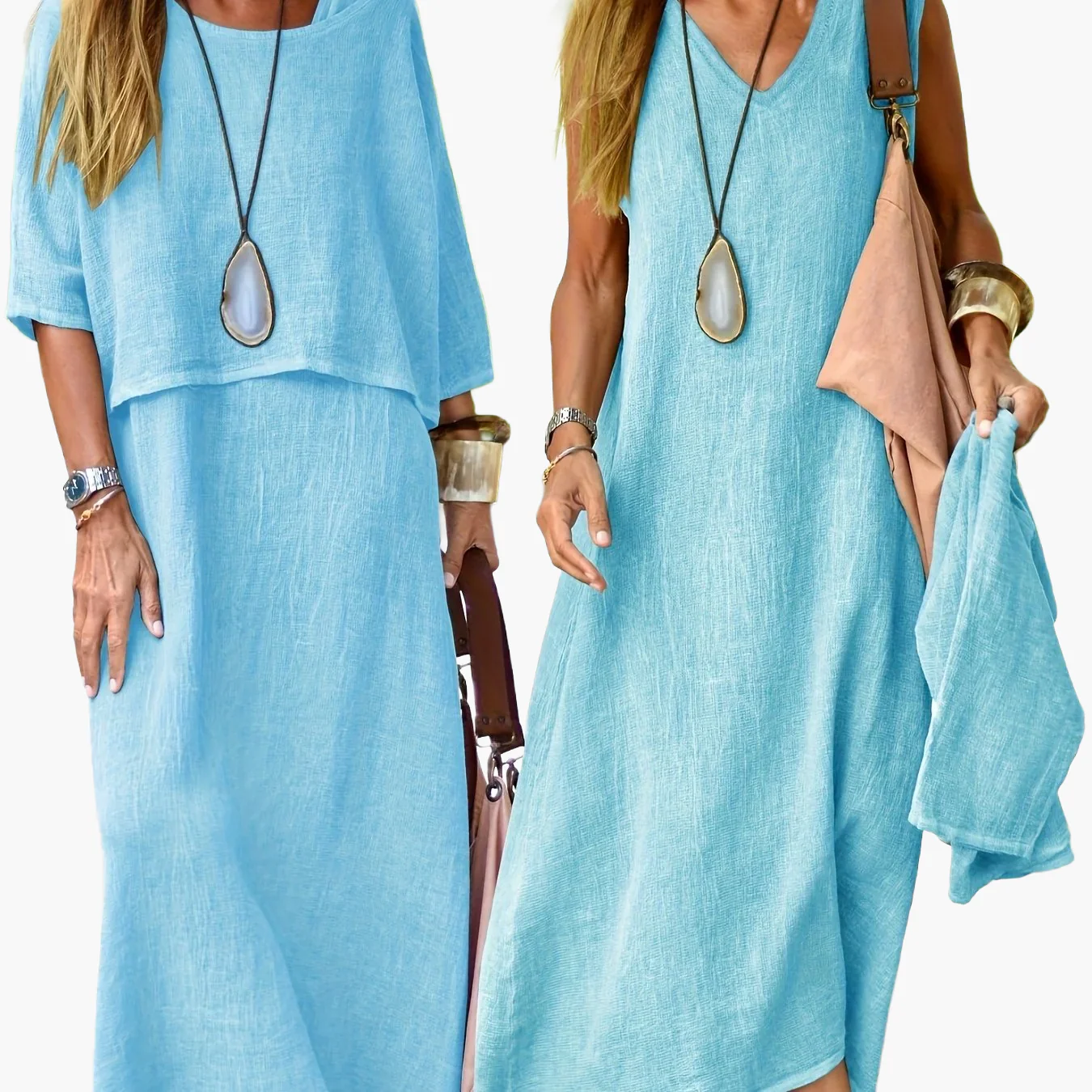 Damen Maxikleid Zweiteiler Set Boho Stil Lässig Sommerkleid für Alltag und Urlaub - Image 11