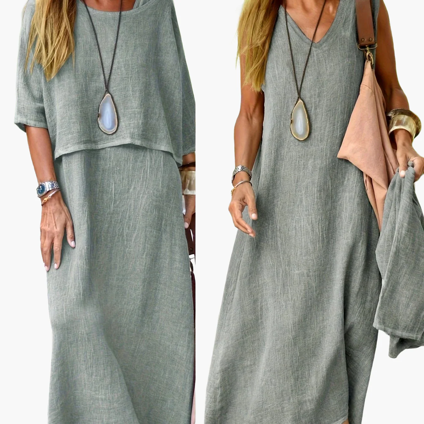 Damen Maxikleid Zweiteiler Set Boho Stil Lässig Sommerkleid für Alltag und Urlaub - Image 12