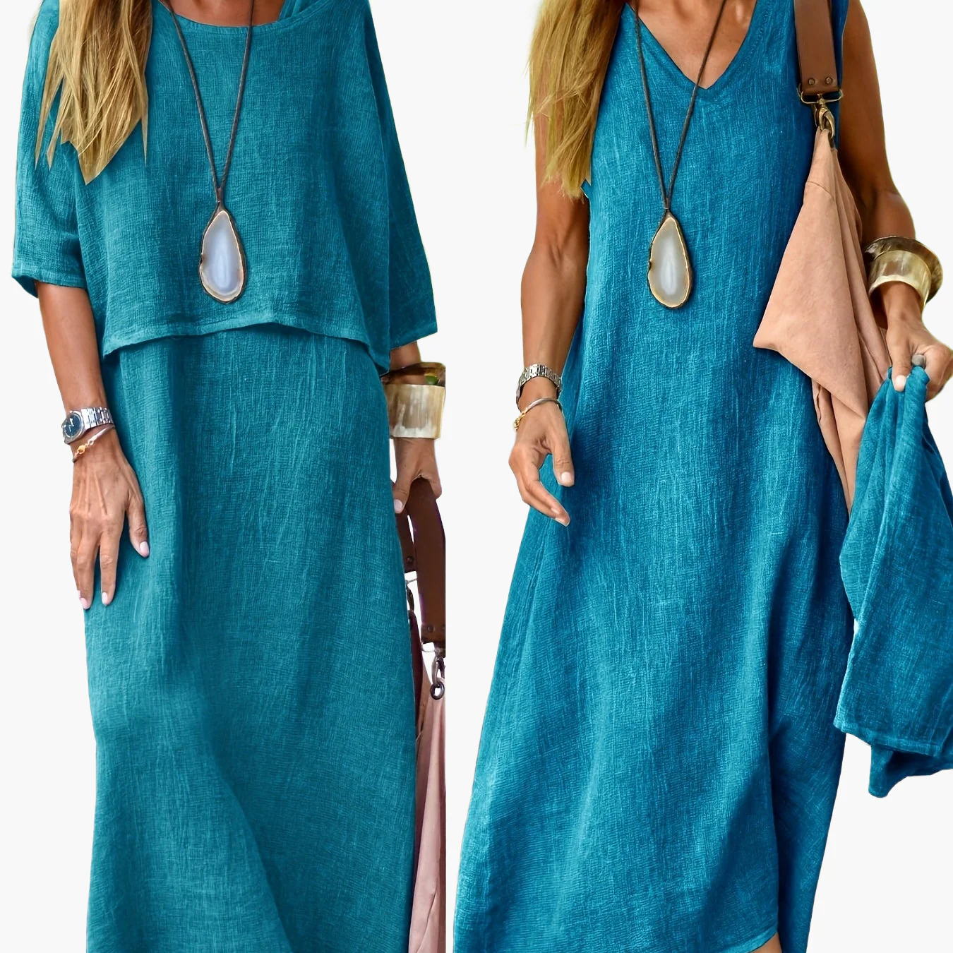 Damen Maxikleid Zweiteiler Set Boho Stil Lässig Sommerkleid für Alltag und Urlaub - Image 13