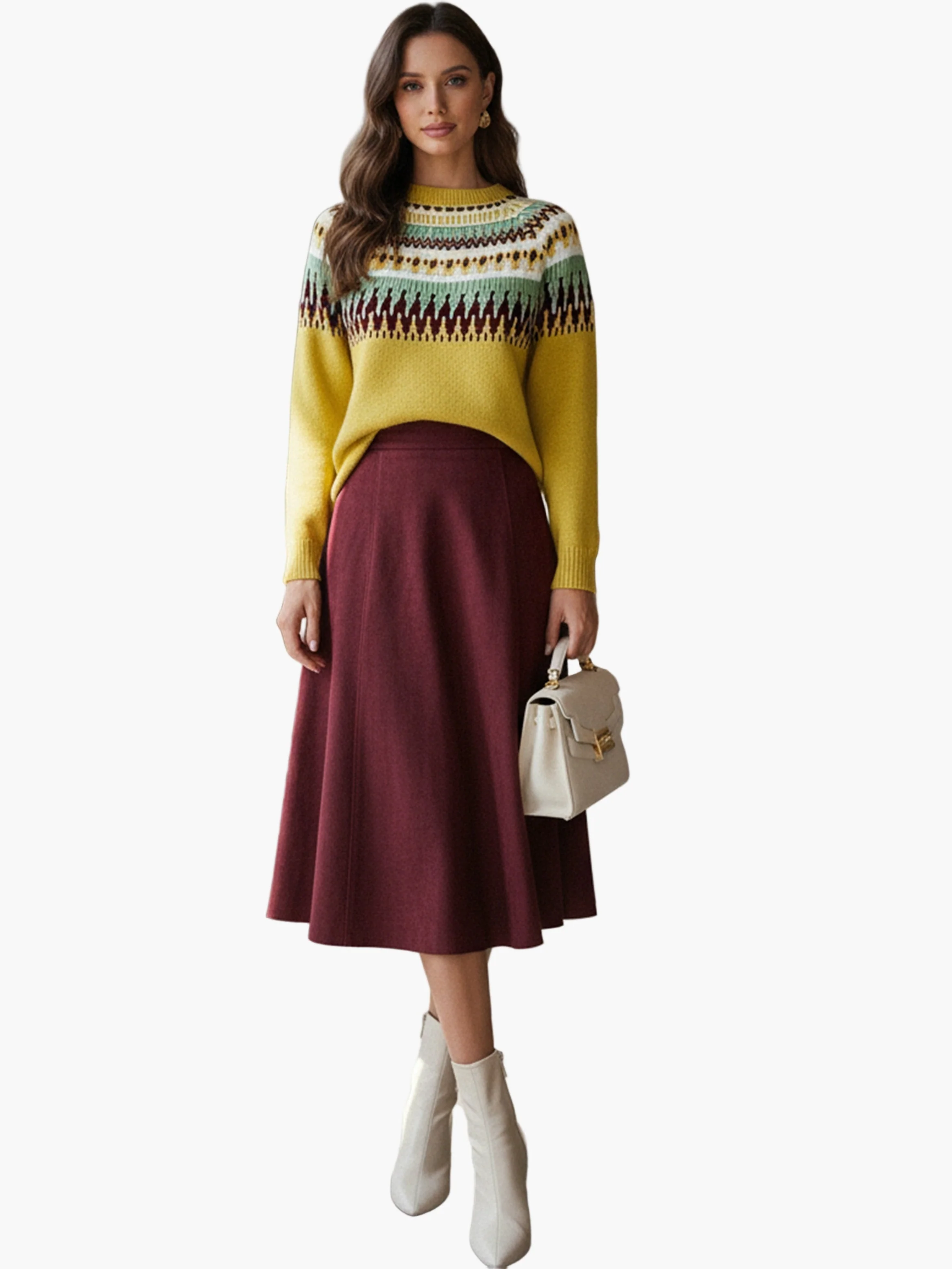 Damen Midirock-Outfit mit Fair-Isle-Strickpullover – Modischer Herbst/Winter-Look für Alltag und Büro - Image 2