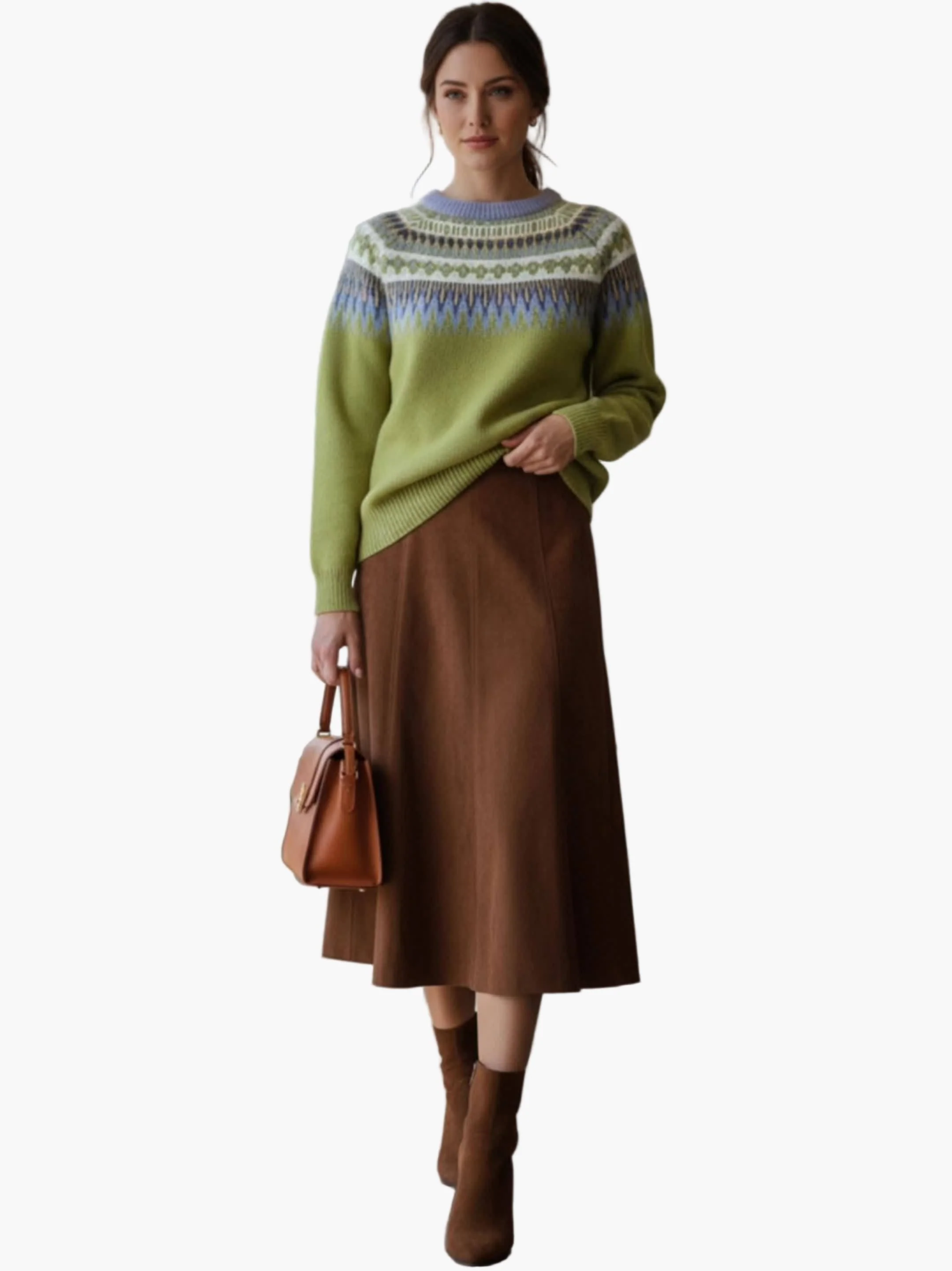 Damen Midirock-Outfit mit Fair-Isle-Strickpullover – Modischer Herbst/Winter-Look für Alltag und Büro - Image 3