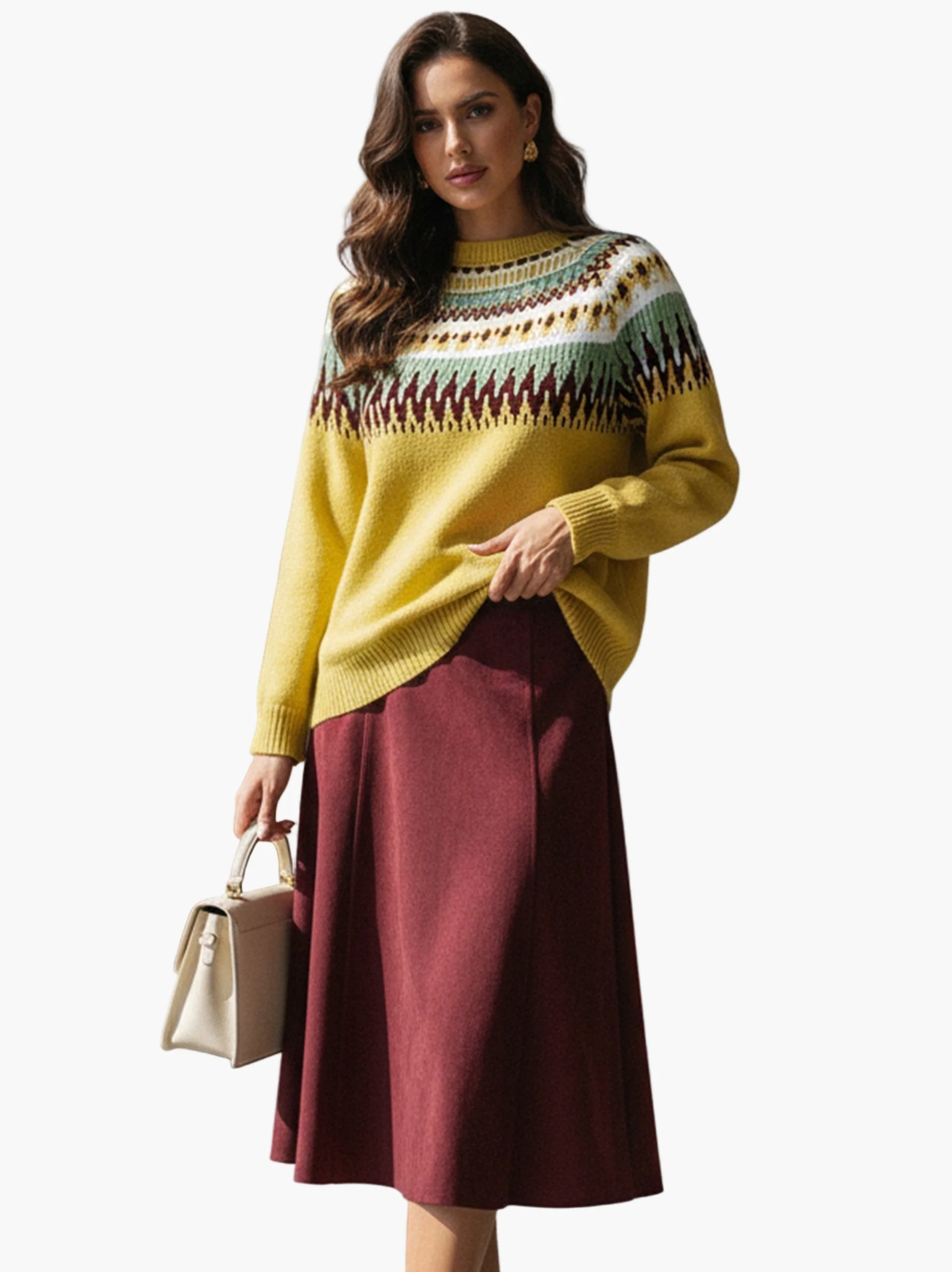 Damen Midirock-Outfit mit Fair-Isle-Strickpullover – Modischer Herbst/Winter-Look für Alltag und Büro - Image 4