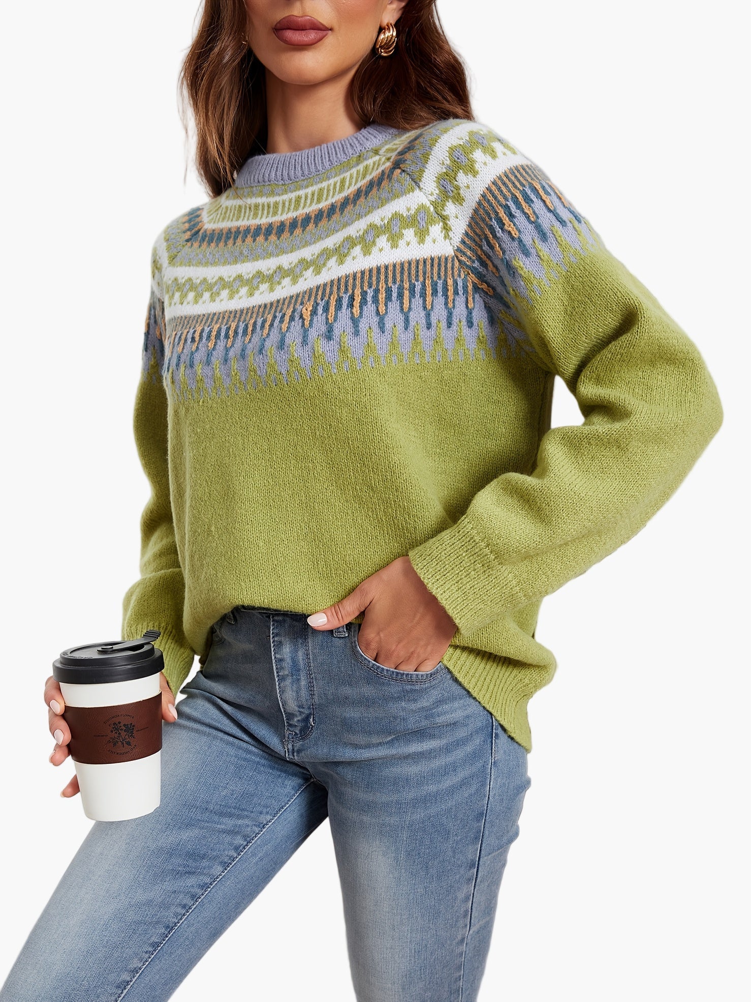 Damen Midirock-Outfit mit Fair-Isle-Strickpullover – Modischer Herbst/Winter-Look für Alltag und Büro - Image 5