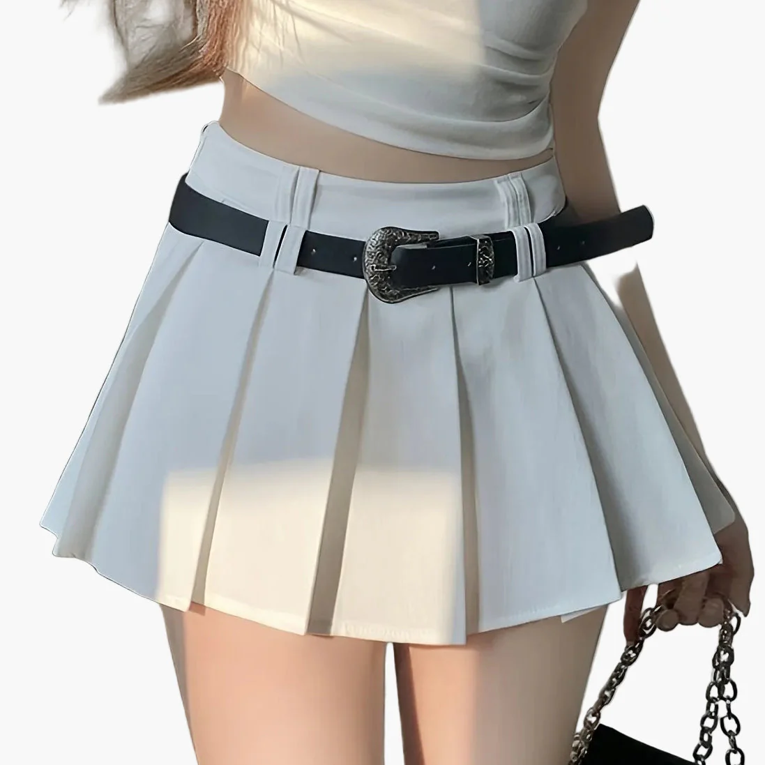 Damen Mini Faltenrock mit Gürtel und Sexy Crop Oberteil – Modischer Streetwear Look für Alltag und Ausgehen - Image 12