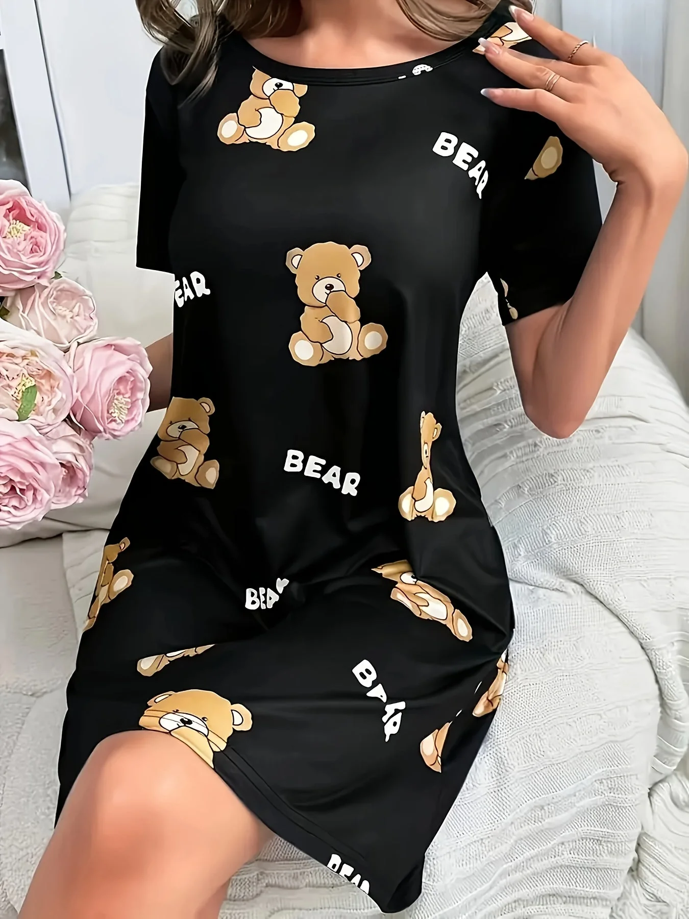 Damen Nachthemd mit Bärchen-Print, Kurzarm, Lockerer Schnitt, Süßer Cartoon-Stil, Für Zuhause & Schlaf