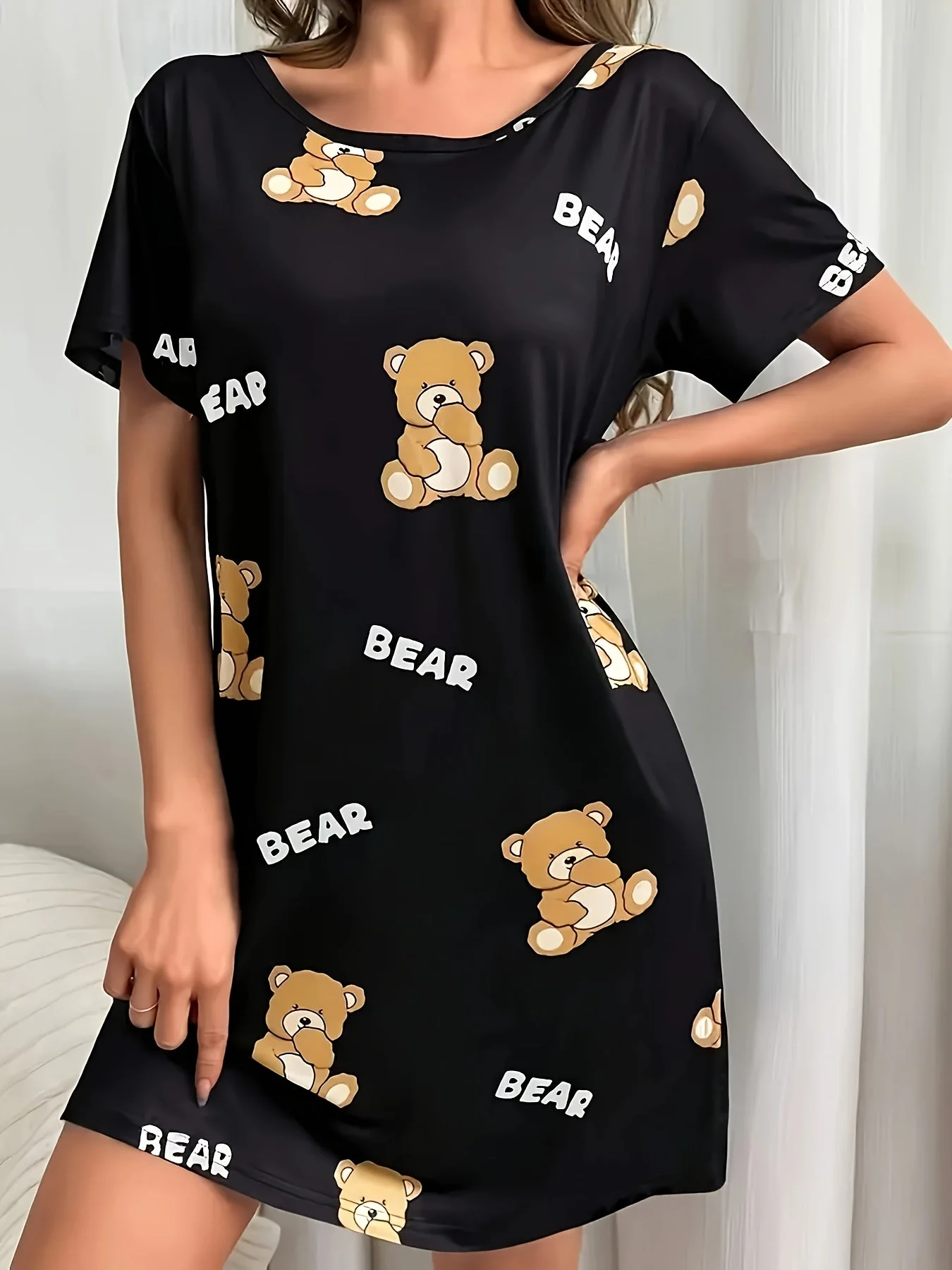 Damen Nachthemd mit Bärchen-Print, Kurzarm, Lockerer Schnitt, Süßer Cartoon-Stil, Für Zuhause & Schlaf - Image 3