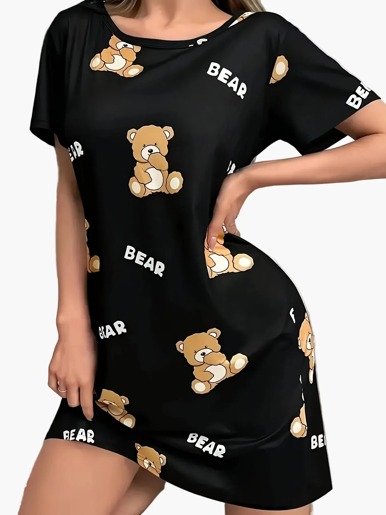Damen Nachthemd mit Bärchen-Print, Kurzarm, Lockerer Schnitt, Süßer Cartoon-Stil, Für Zuhause & Schlaf - Image 5