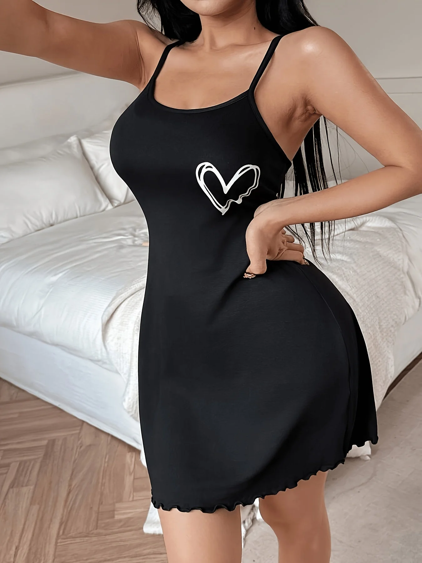 Damen Nachtkleid mit Herz-Print und Rüschen, lässiger Sommer Slip Dress für Erwachsene - Image 4