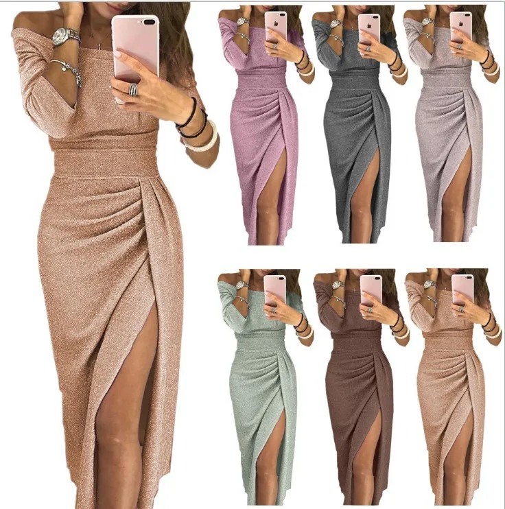 Damen Off-Shoulder Abendkleid mit Hohem Schlitz und Raffungen – Elegantes Party- und Cocktailkleid