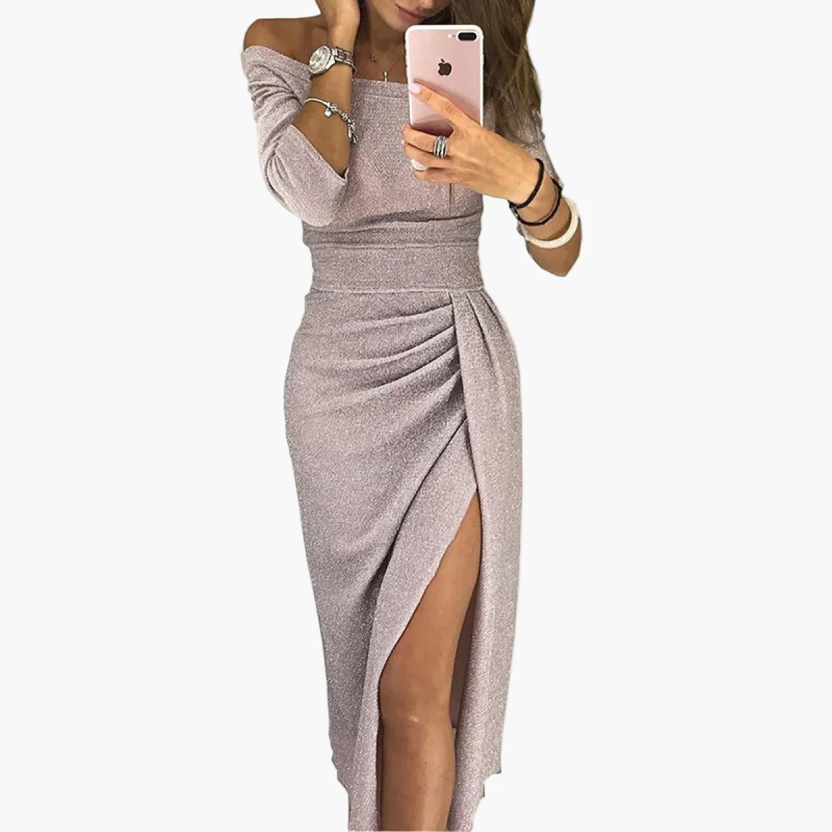 Damen Off-Shoulder Abendkleid mit Hohem Schlitz und Raffungen – Elegantes Party- und Cocktailkleid - Image 11