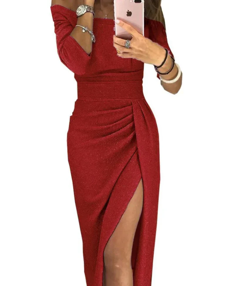 Damen Off-Shoulder Abendkleid mit Hohem Schlitz und Raffungen – Elegantes Party- und Cocktailkleid - Image 3