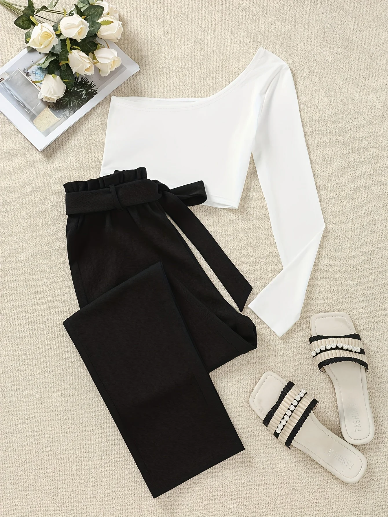 Damen Off-Shoulder Elegant Jumpsuit für Frühling und Sommer – Stilvoller Einteiler mit Gürtel - Image 3