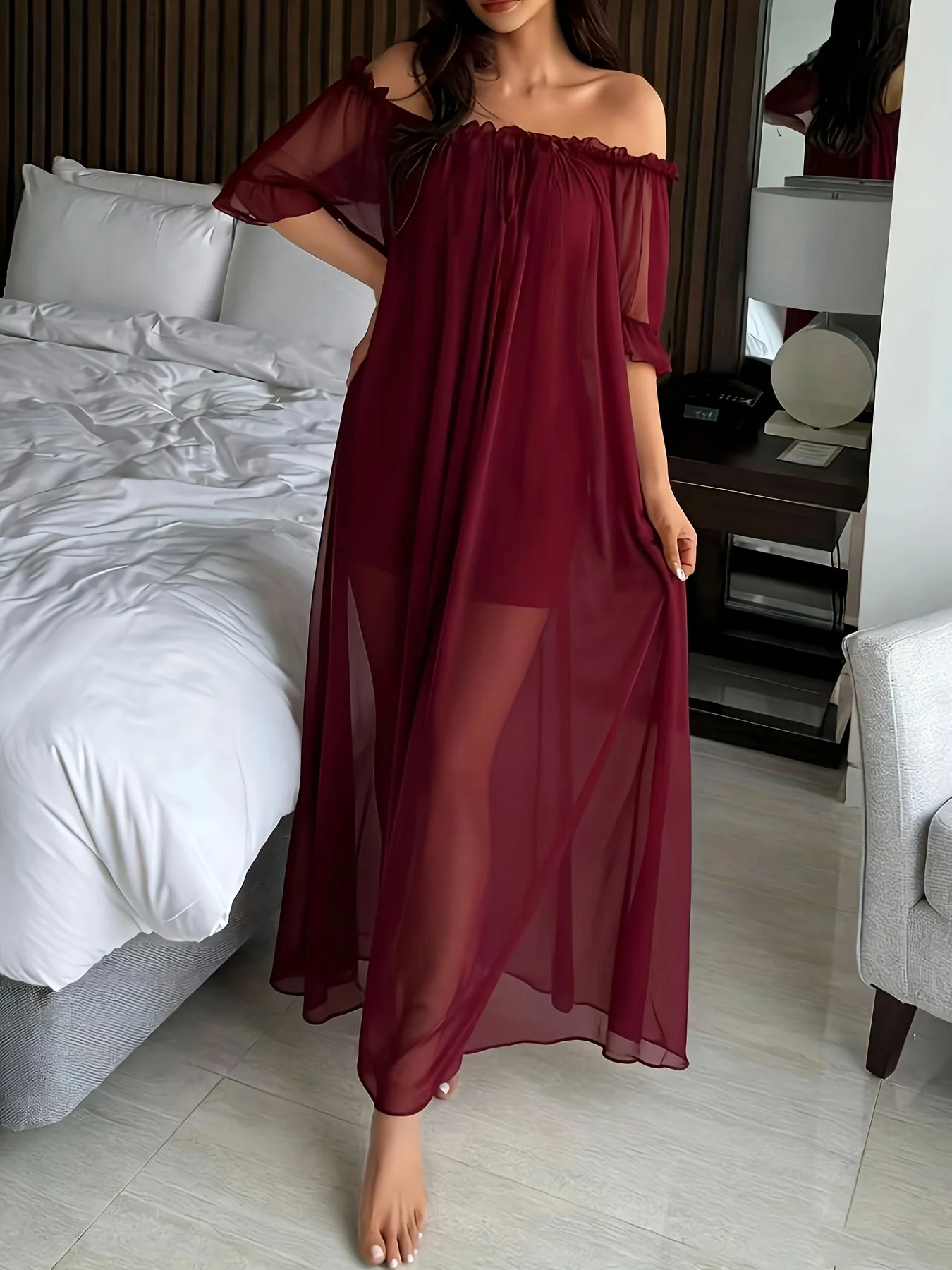 Damen Off-Shoulder Maxikleid Nachthemd Elegant für Zuhause & Schlaf - Image 3