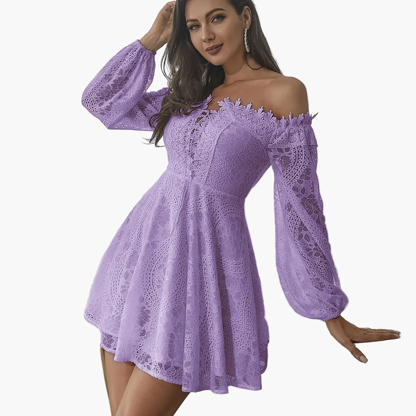 Damen Off-Shoulder Minikleid Elegant mit Spitzenärmeln – Perfekt für festliche Anlässe oder Abendveranstaltungen - Image 14
