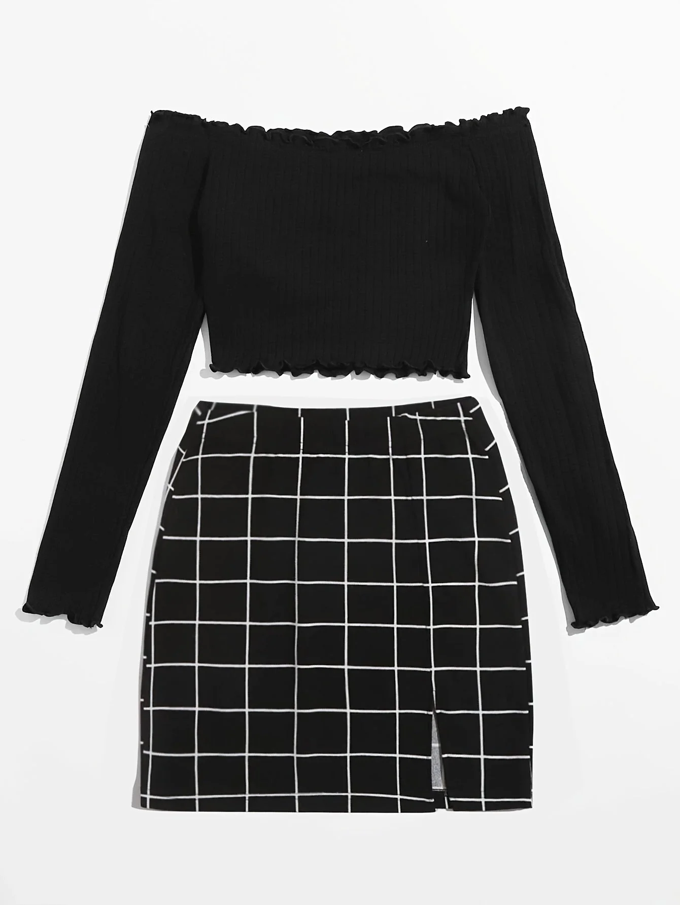 Damen Off-Shoulder Set mit Langarmshirt und Karierter Rock – Modisches Outfit für Alltag und Freizeit - Image 3