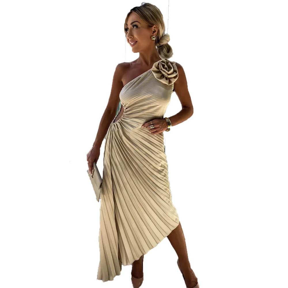 Damen One-Shoulder Plissee-Fishtail Cocktailkleid mit Blumendetail – Elegantes Partykleid für festliche Anlässe - Image 2