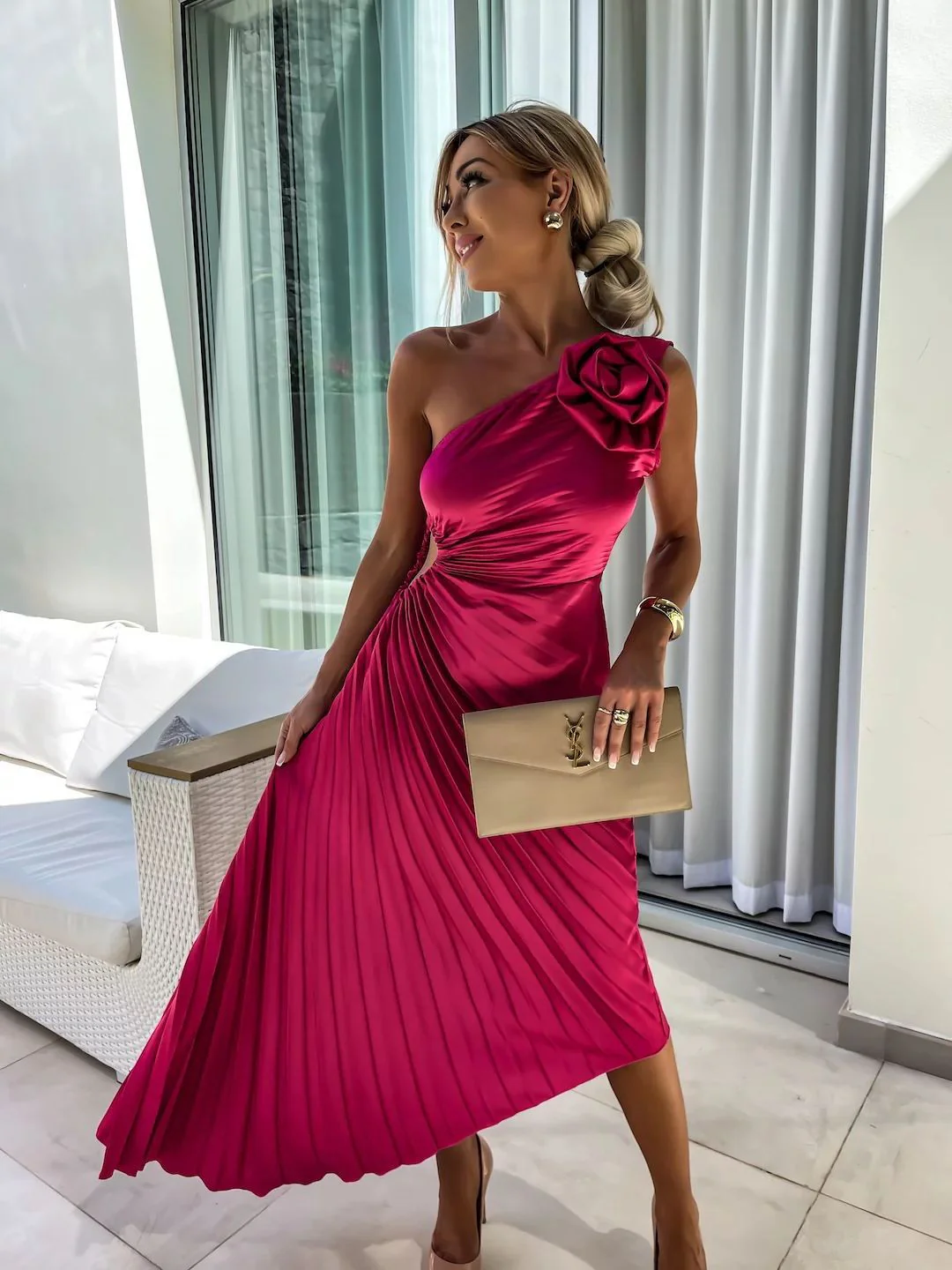 Damen One-Shoulder Plissee-Fishtail Cocktailkleid mit Blumendetail – Elegantes Partykleid für festliche Anlässe - Image 8