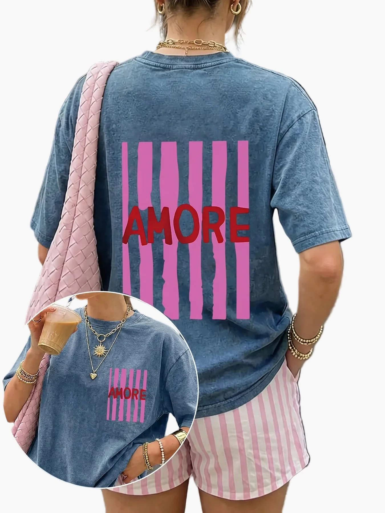 Damen Oversize Casual T-Shirt mit Print 'AMORE' und Streifen – Sommer Streetwear - Image 2