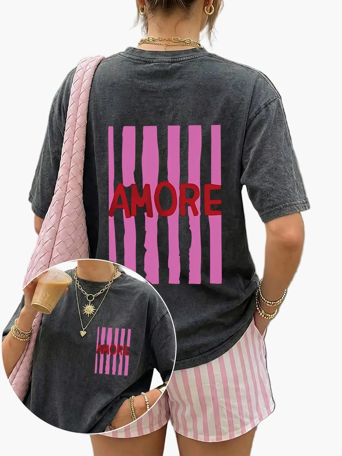 Damen Oversize Casual T-Shirt mit Print 'AMORE' und Streifen – Sommer Streetwear - Image 3