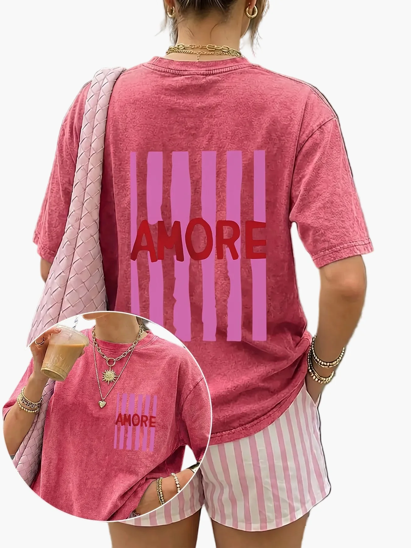 Damen Oversize Casual T-Shirt mit Print 'AMORE' und Streifen – Sommer Streetwear - Image 4