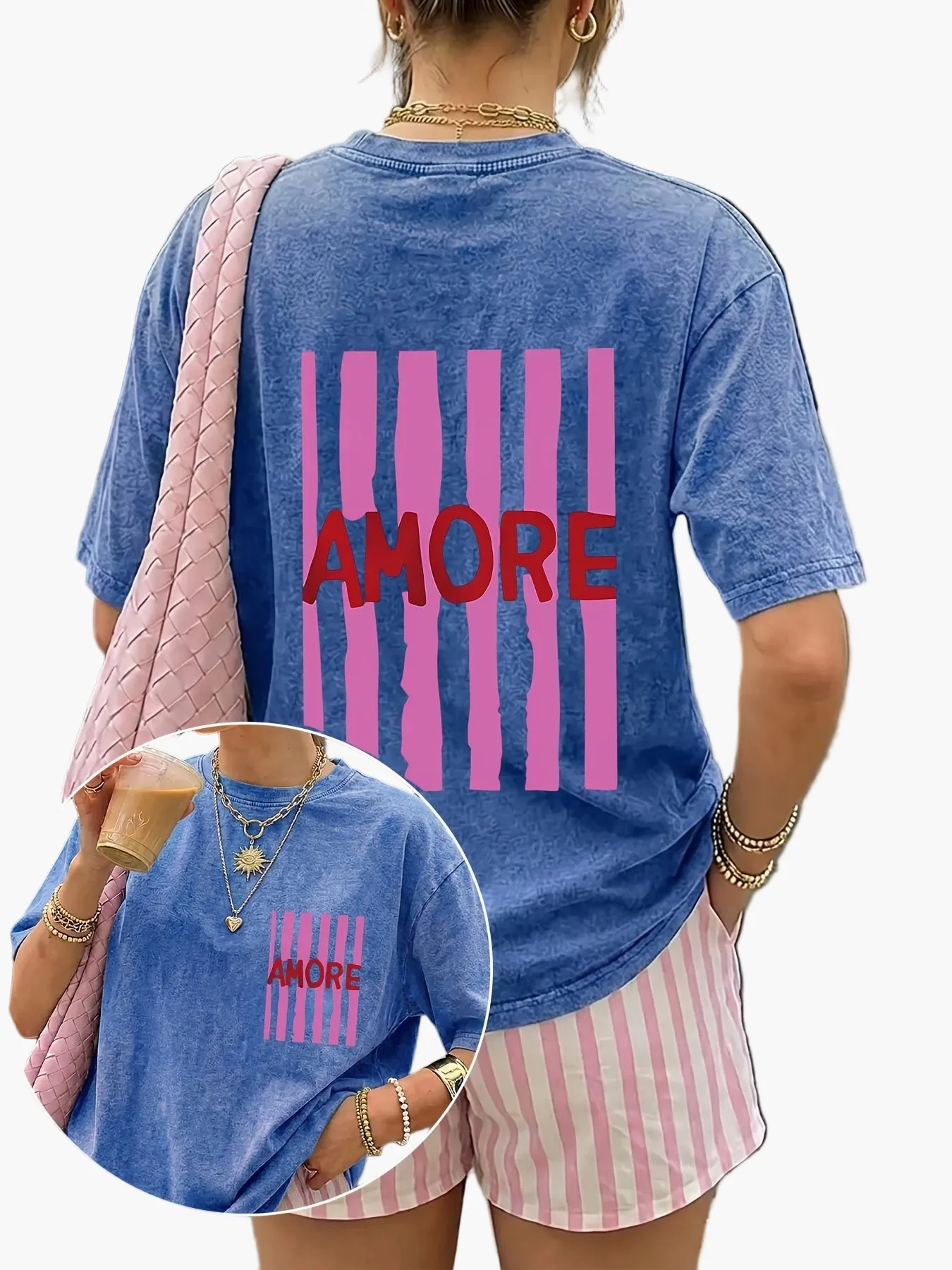 Damen Oversize Casual T-Shirt mit Print 'AMORE' und Streifen – Sommer Streetwear - Image 5