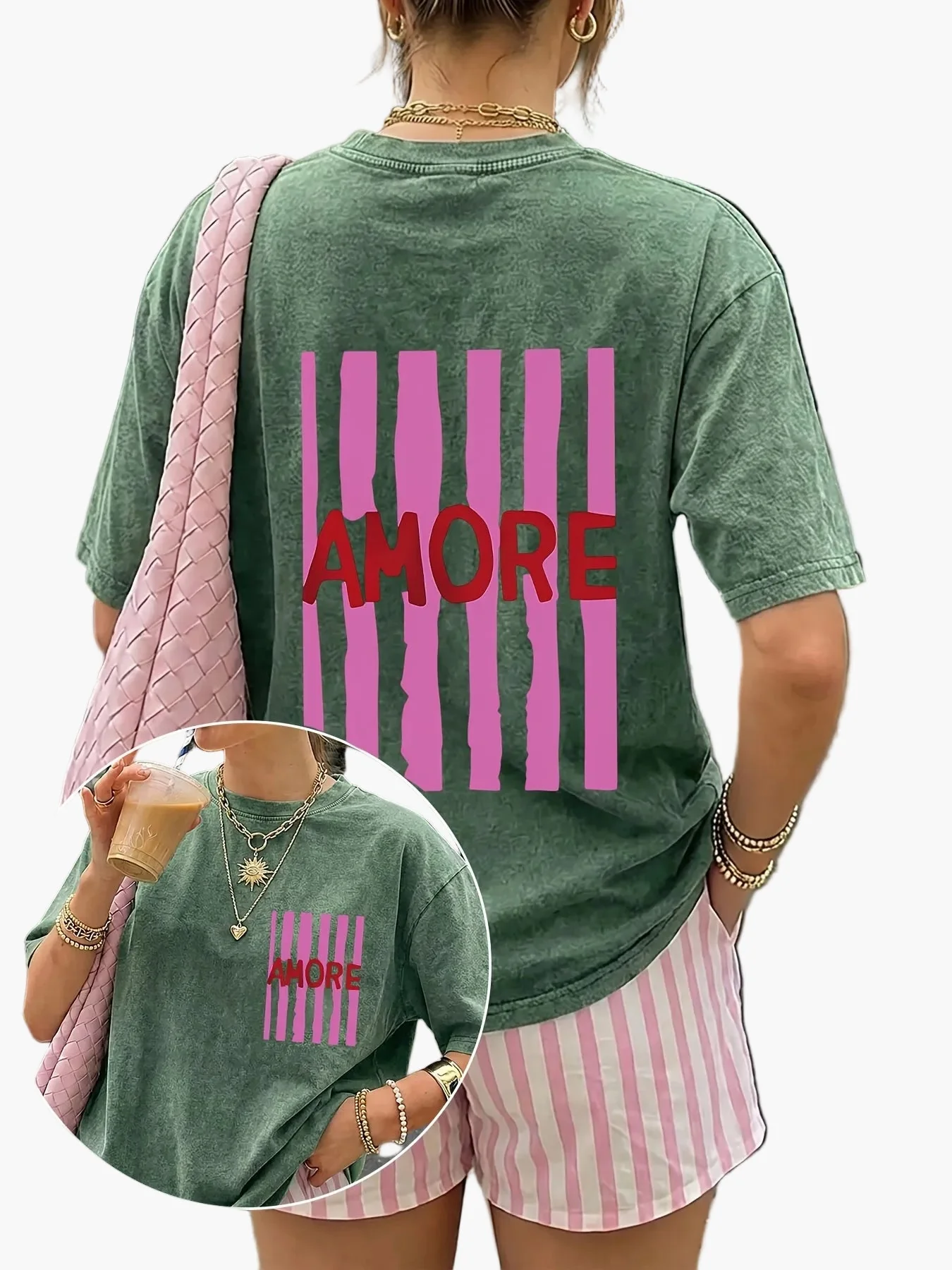 Damen Oversize Casual T-Shirt mit Print 'AMORE' und Streifen – Sommer Streetwear - Image 6