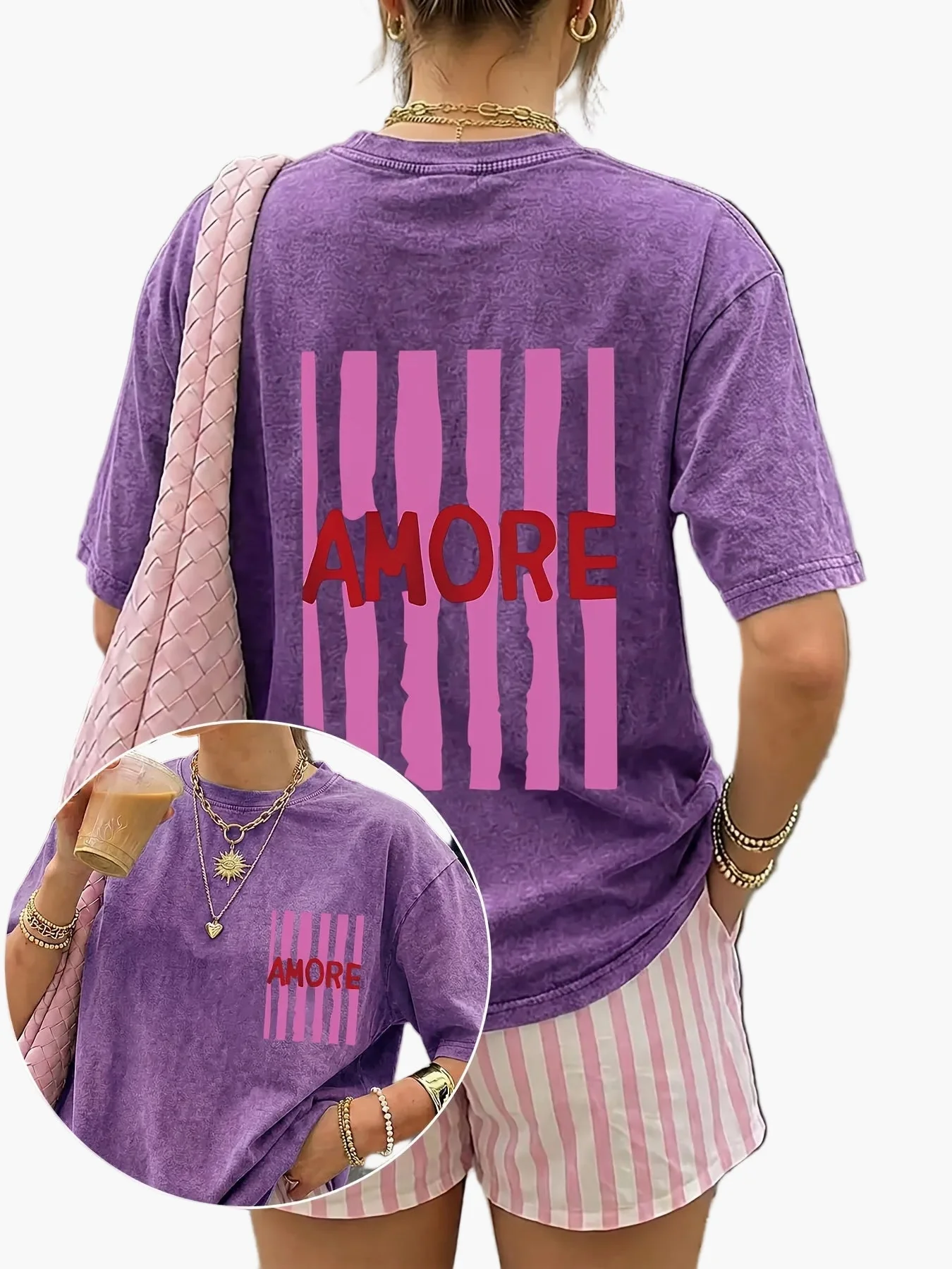 Damen Oversize Casual T-Shirt mit Print 'AMORE' und Streifen – Sommer Streetwear - Image 7