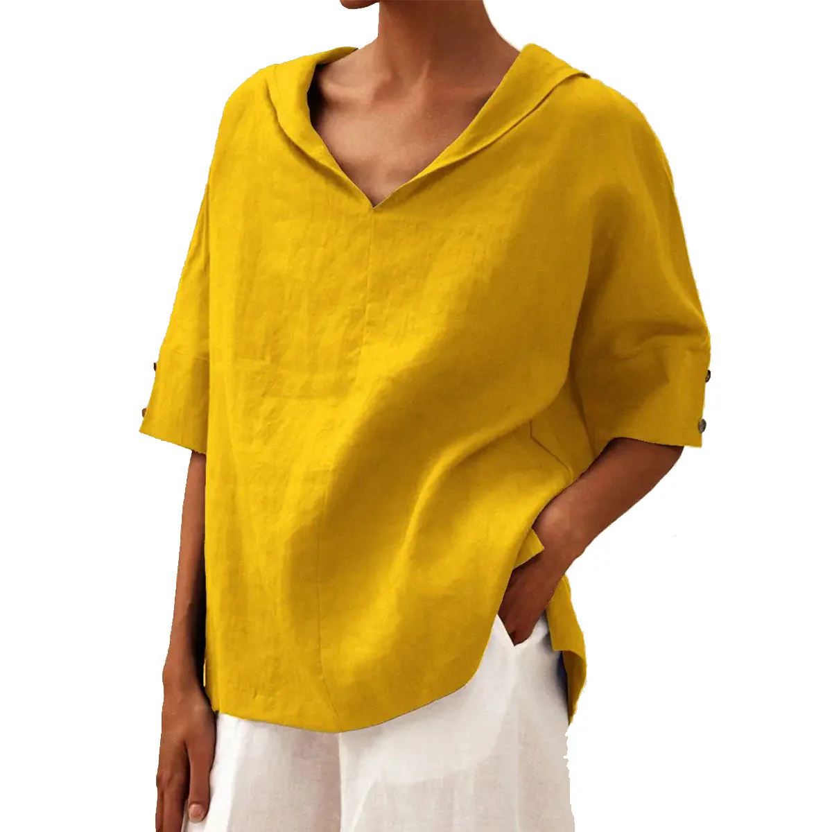 Damen Oversize Freizeit-Hemd mit V-Ausschnitt und 3/4-Ärmeln – Modernes Basic für Alltag und Urlaub - Image 10