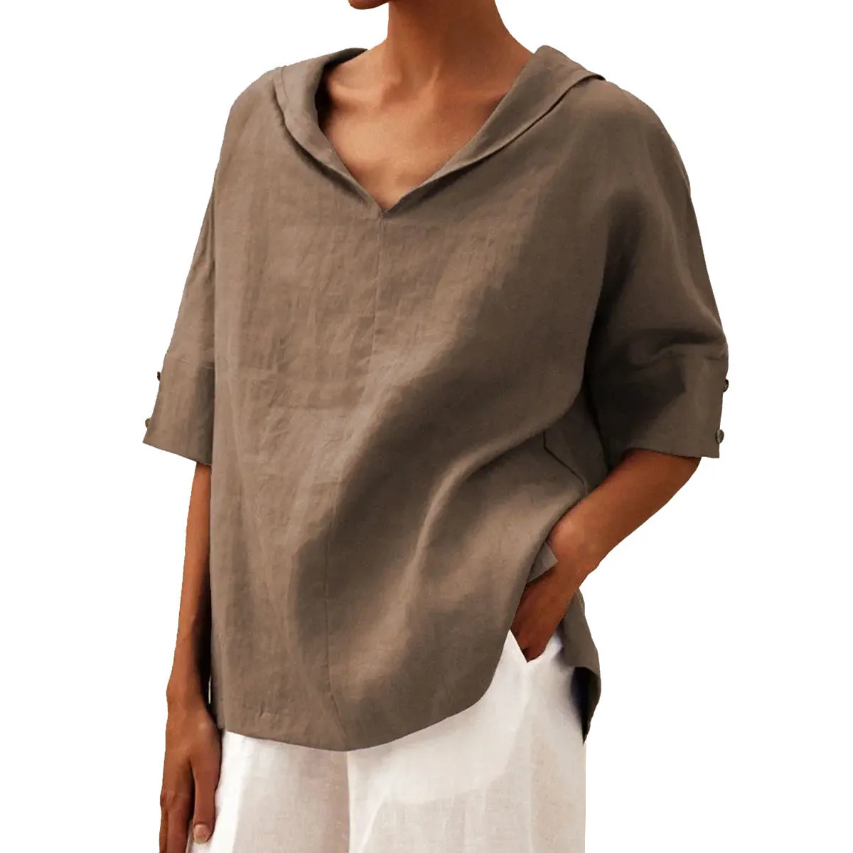 Damen Oversize Freizeit-Hemd mit V-Ausschnitt und 3/4-Ärmeln – Modernes Basic für Alltag und Urlaub - Image 6