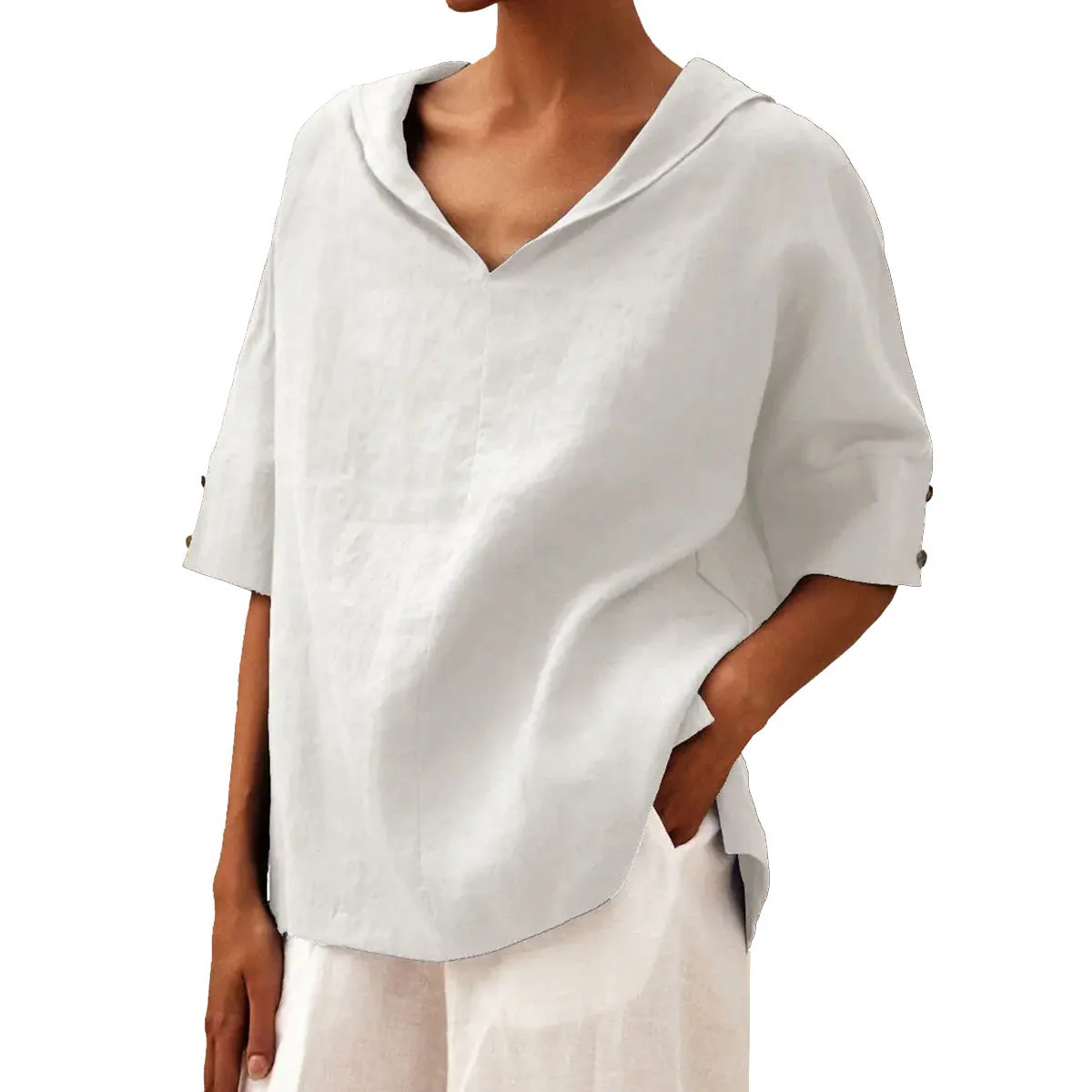 Damen Oversize Freizeit-Hemd mit V-Ausschnitt und 3/4-Ärmeln – Modernes Basic für Alltag und Urlaub - Image 8