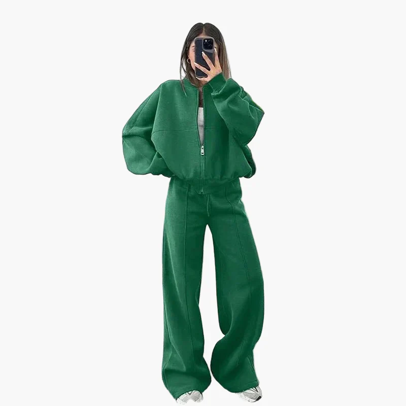 Damen Oversize Freizeitanzug Zweiteiler mit weiter Hose und Reißverschlussjacke – Lässiger Streetwear-Look - Image 3
