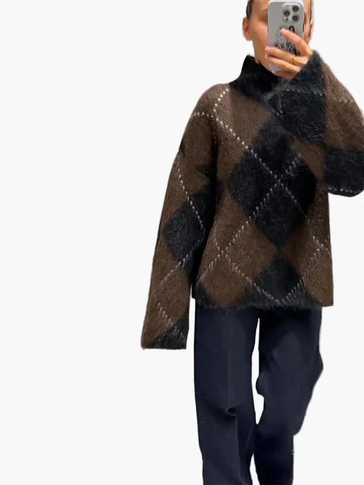 Damen Oversize Strickpullover mit Argyle-Muster – Modischer Freizeit-Look für Herbst und Winter - Image 2