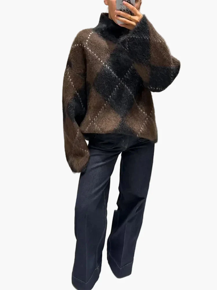 Damen Oversize Strickpullover mit Argyle-Muster – Modischer Freizeit-Look für Herbst und Winter - Image 4