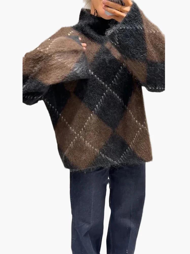 Damen Oversize Strickpullover mit Argyle-Muster – Modischer Freizeit-Look für Herbst und Winter - Image 5