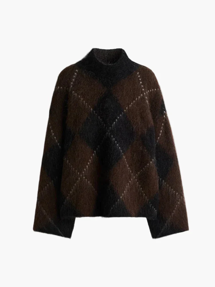 Damen Oversize Strickpullover mit Argyle-Muster – Modischer Freizeit-Look für Herbst und Winter - Image 6