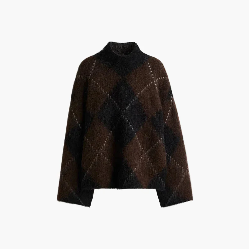 Damen Oversize Strickpullover mit Argyle-Muster – Modischer Freizeit-Look für Herbst und Winter - Image 7