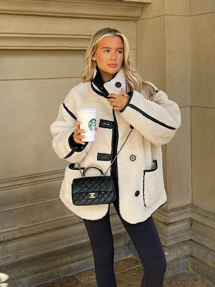 Damen Oversize Teddy Jacke mit Kontrastdetails – Trendy Streetstyle für Herbst und Winter