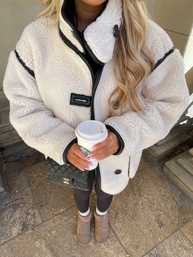 Damen Oversize Teddy Jacke mit Kontrastdetails – Trendy Streetstyle für Herbst und Winter - Image 3