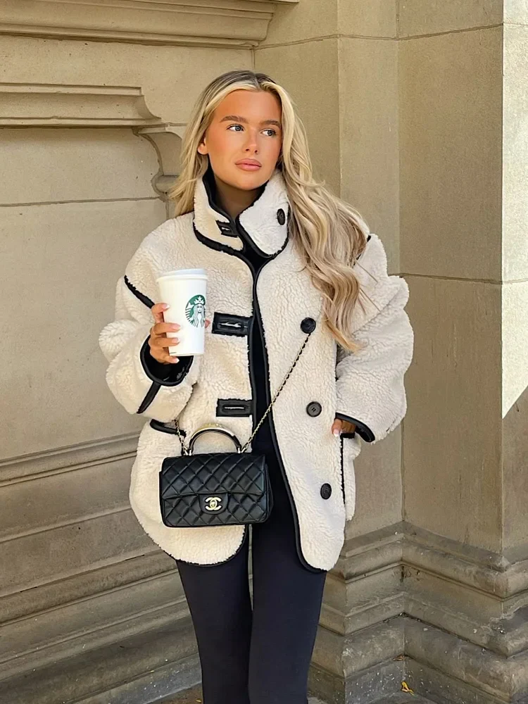 Damen Oversize Teddy Jacke mit Kontrastdetails – Trendy Streetstyle für Herbst und Winter - Image 6