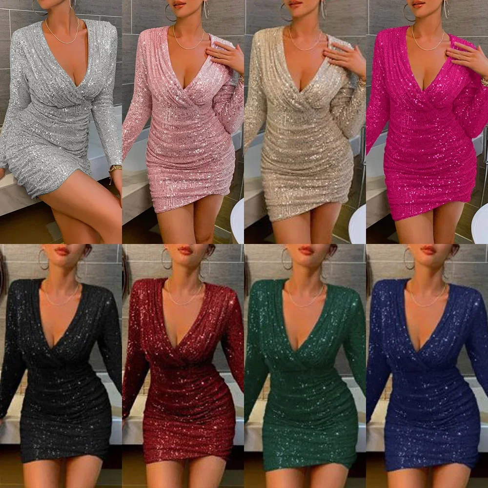 Damen Pailletten Party Minikleid mit Langarm und Tiefem Ausschnitt – Perfektes Kleid für Abend, Club und Feiern - Image 10