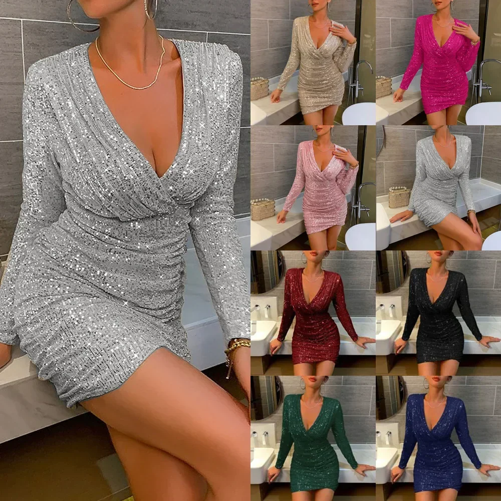Damen Pailletten Party Minikleid mit Langarm und Tiefem Ausschnitt – Perfektes Kleid für Abend, Club und Feiern - Image 9