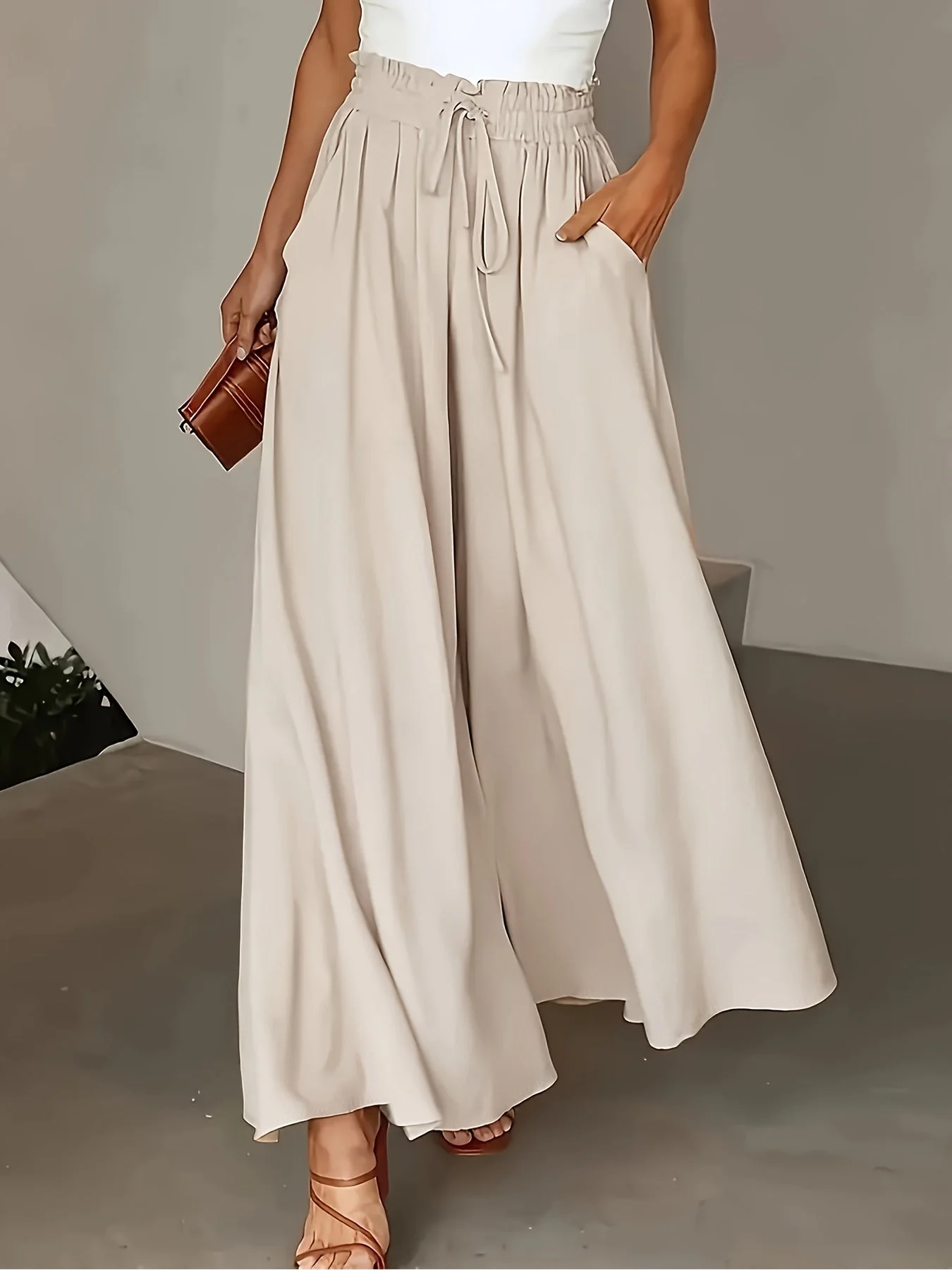 Damen Palazzo Hose mit weitem Bein und Paperbag-Bund – Eleganter High-Waist Style für Freizeit und Anlass