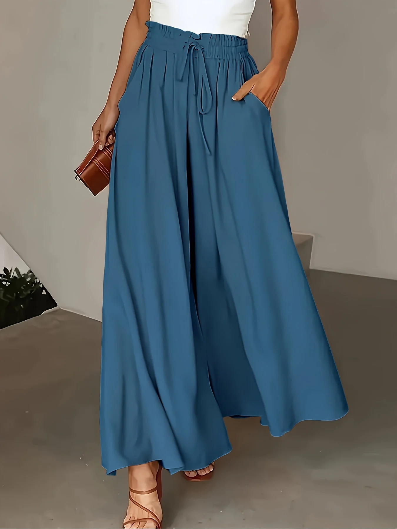 Damen Palazzo Hose mit weitem Bein und Paperbag-Bund – Eleganter High-Waist Style für Freizeit und Anlass - Image 2