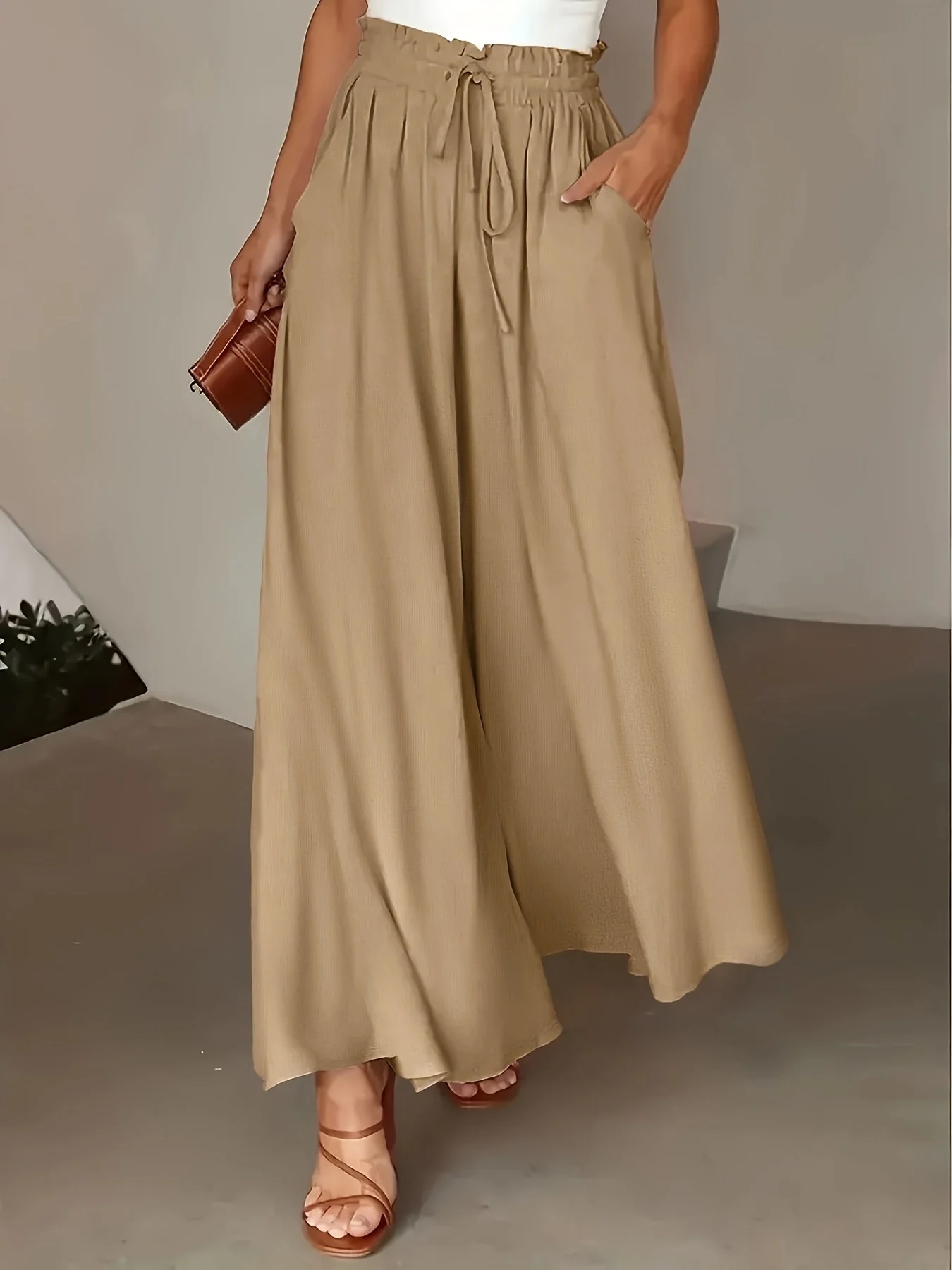 Damen Palazzo Hose mit weitem Bein und Paperbag-Bund – Eleganter High-Waist Style für Freizeit und Anlass - Image 3